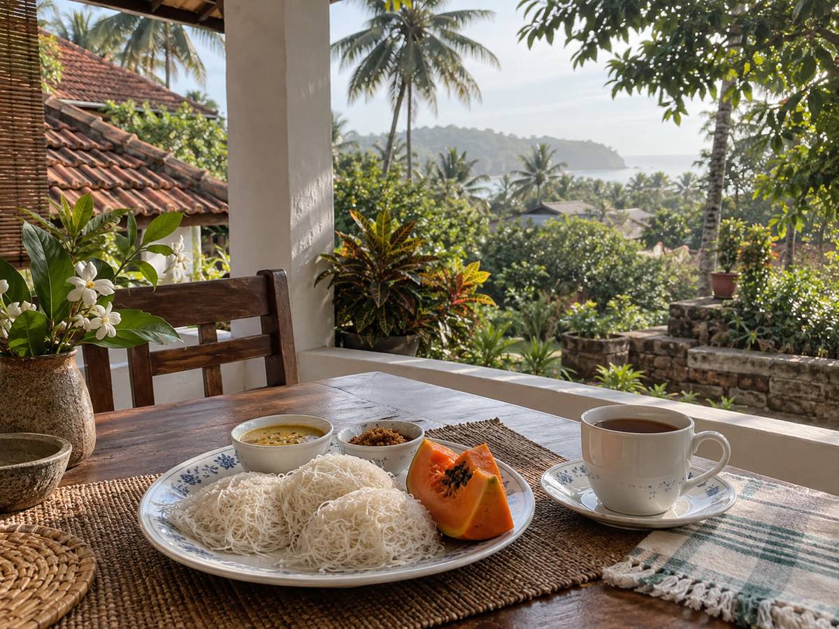 Breakfast table on a Peellagoda terrace: string hoppers, papaya and tea, coconut palms beyond