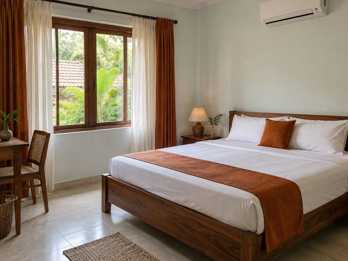 Standard air-conditioned bedroom with white bedding and morning light on tiled floor
