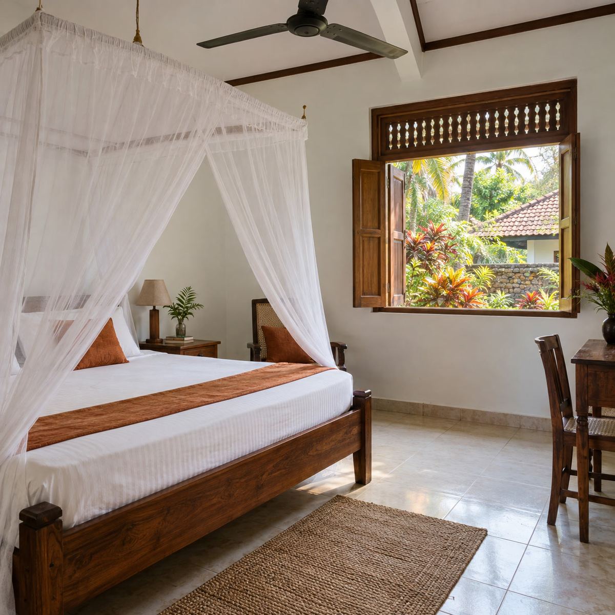 Non-AC room with a ceiling fan, mosquito net and a window onto the garden