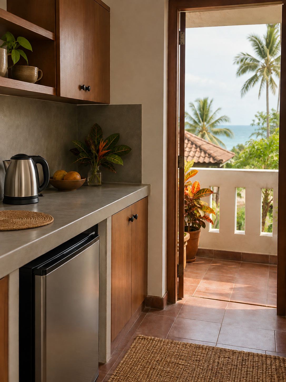 Kitchenette corner with a kettle, small fridge and a glimpse of ocean-view balcony