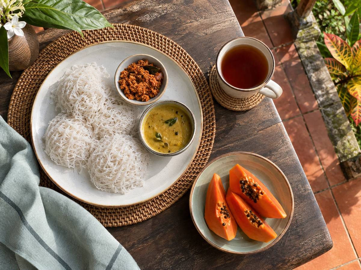 Breakfast of string hoppers, papaya and tea on a terrace table, 8 am light