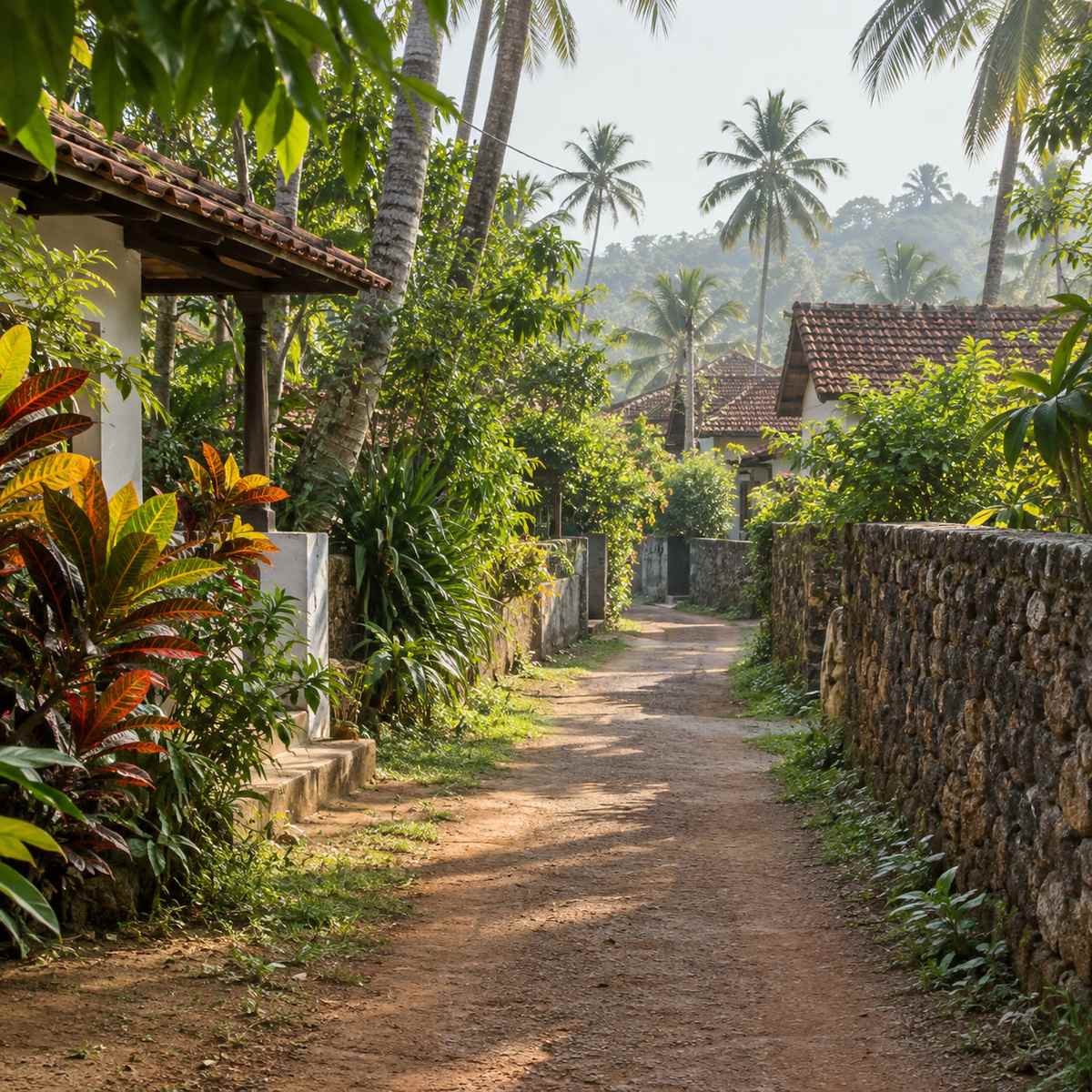 Garden path with crotons and laterite, Unawatuna residential lane