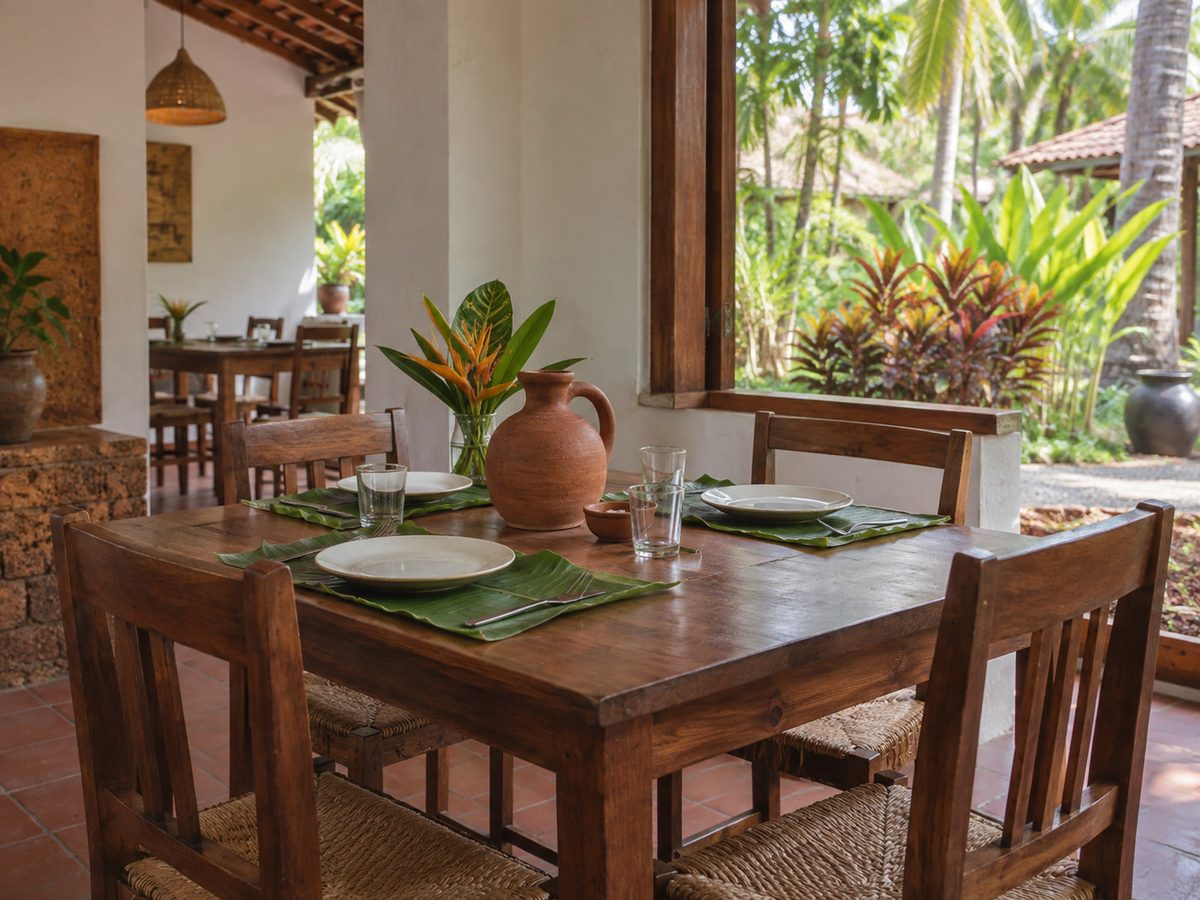 Restaurant table set for lunch, banana leaf and clay water jug, no menu text