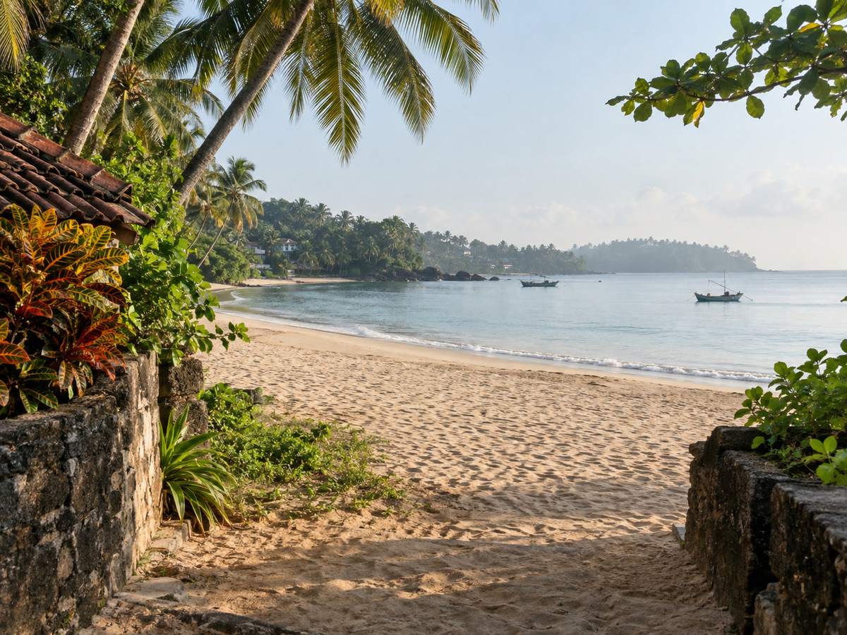 Unawatuna Beach a short walk from Peellagoda, empty morning sand and fishing boats far off